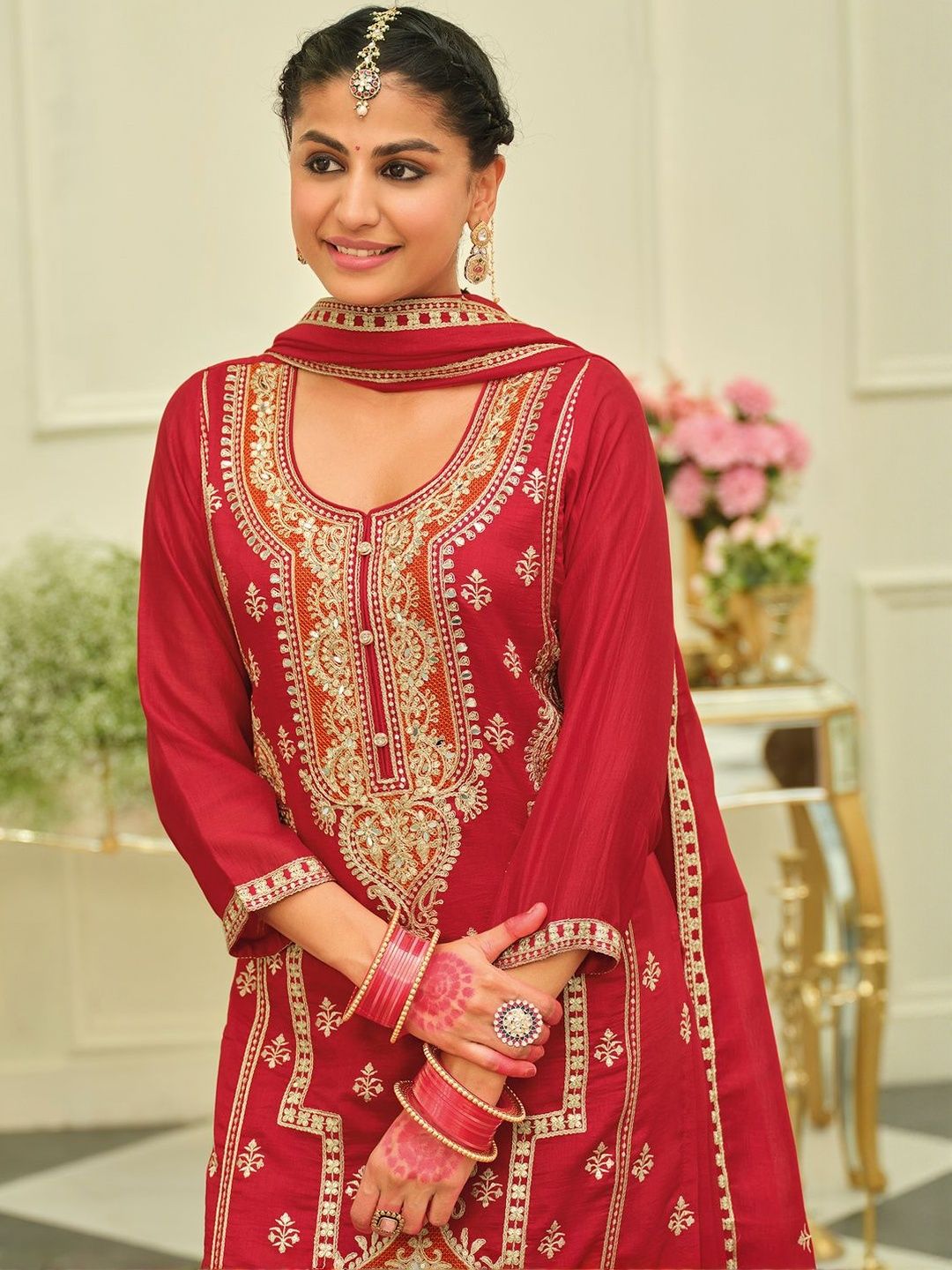 Ethnic Motifs Embroidered Straight Kurta With Palazzos & Dupatta