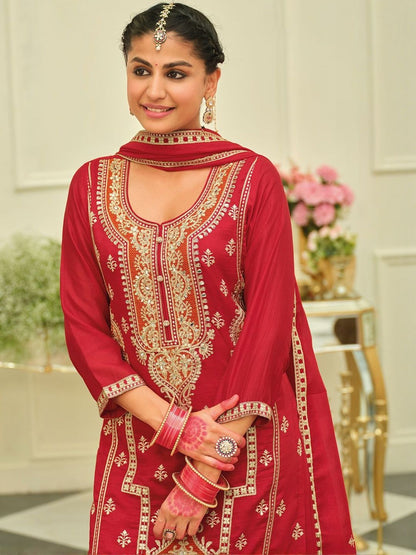 Ethnic Motifs Embroidered Straight Kurta With Palazzos & Dupatta