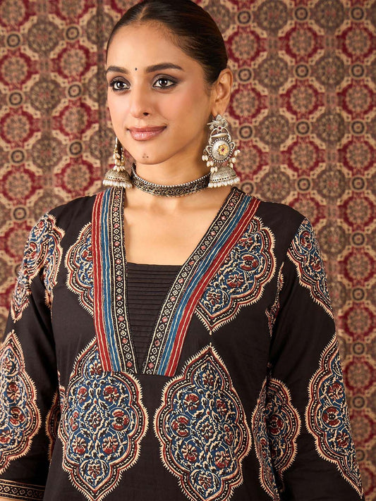 Dhiyona IE Printed Pure Cotton V-Neck Tunic With Trouser