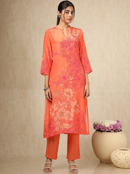 Dhiyona SO Women's Floral Printed Mandarin Collar Beads Work Straight Kurta With Trouser & Dupatta