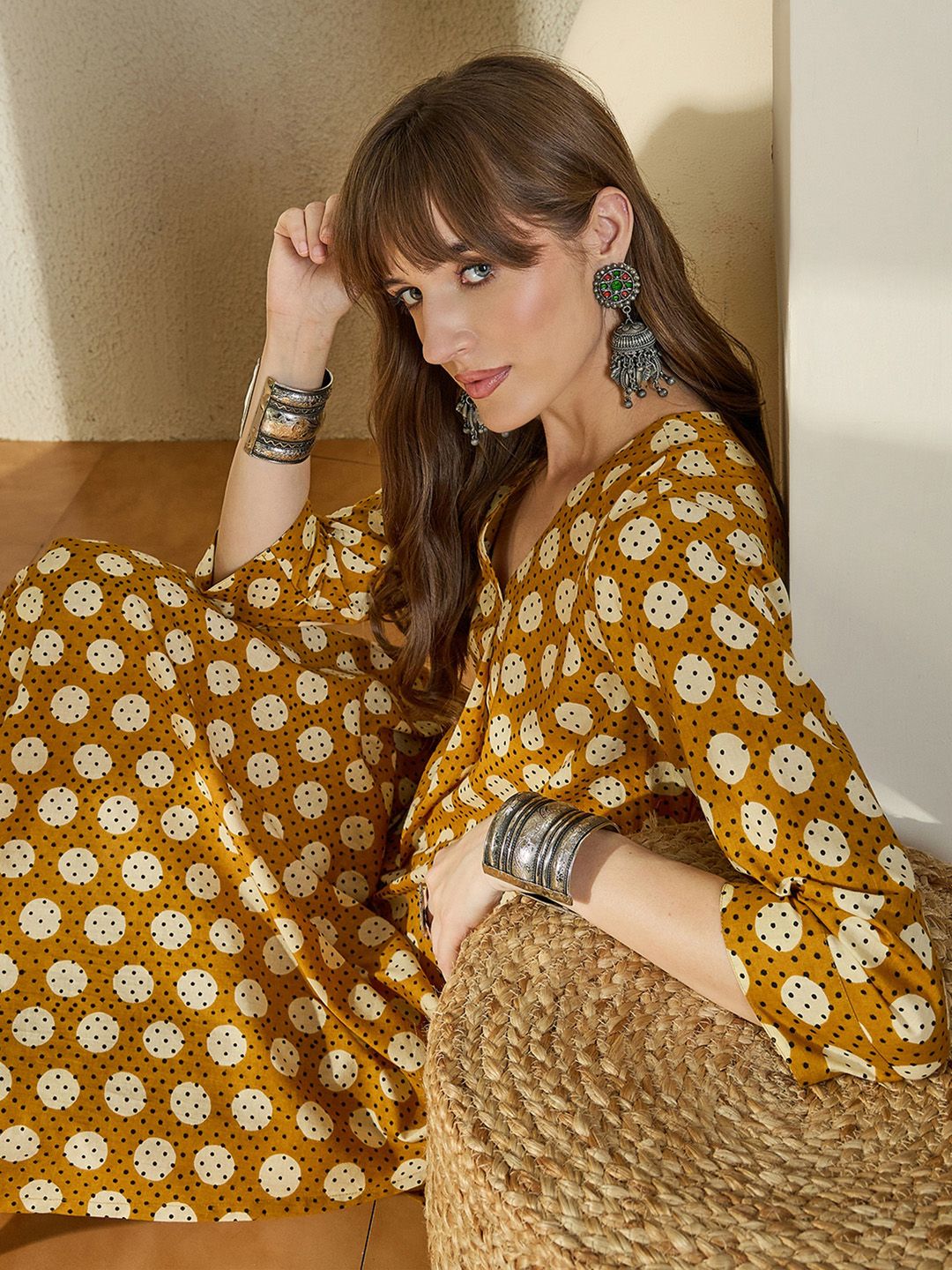 Women Mustard Printed Regular V-Neck Pure Cotton Kurta Sets