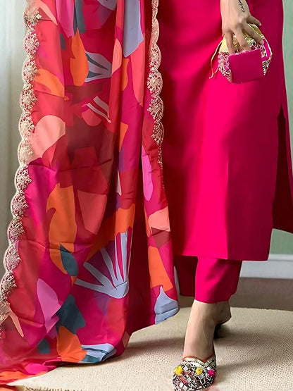 Dhiyona SN Women's Embroidered Calf Length Regular Straight Kurta Pyjama & Dupatta