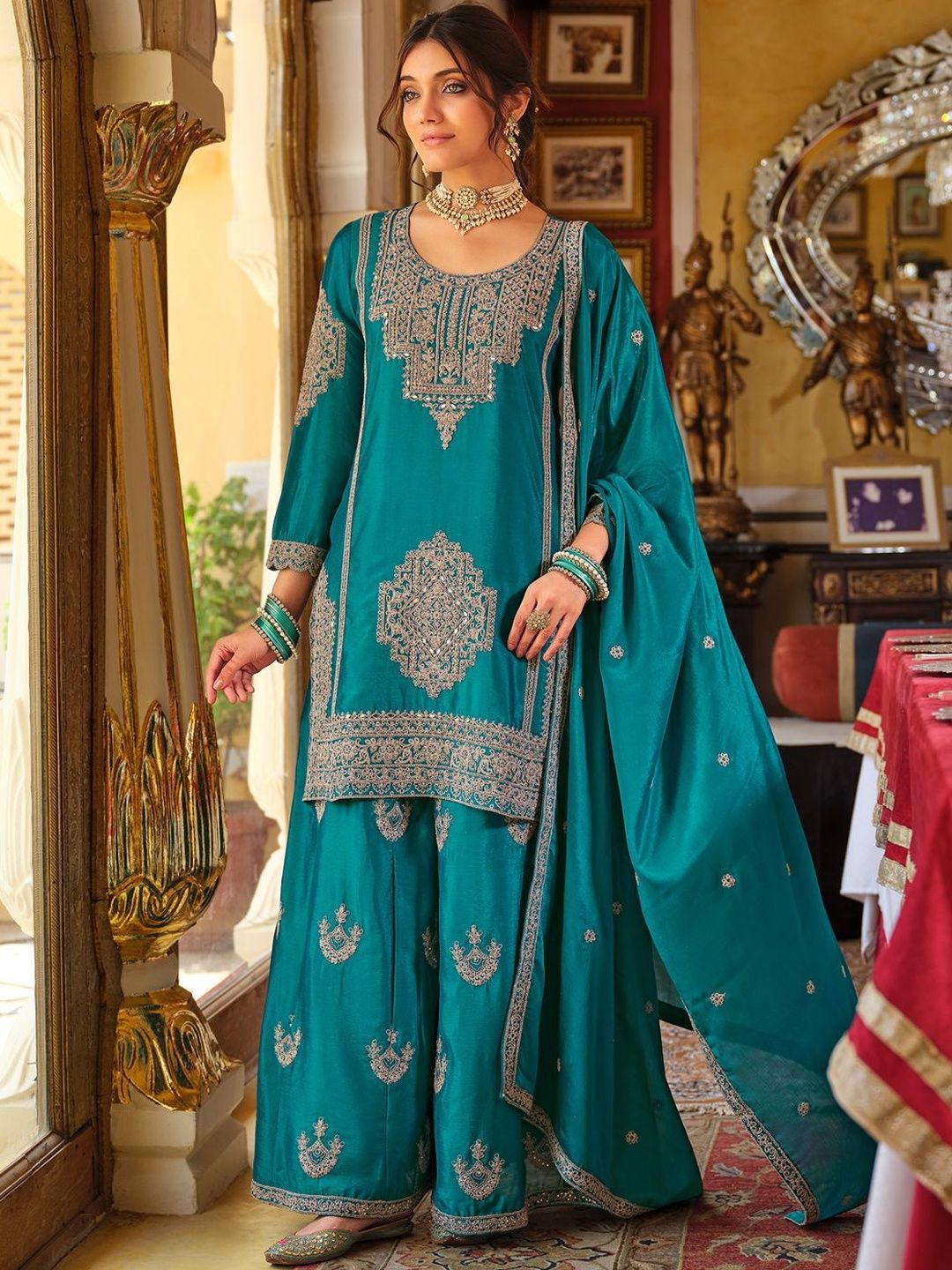 Dhiyona IE Women Ethnic Motifs Embroidered Mirror Work Kurta with Palazzos & Dupatta