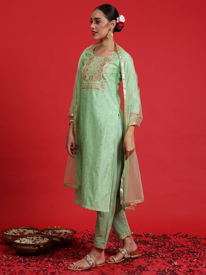 Dhiyona IE Women Floral Embroidered Regular Thread Work Chanderi Silk Kurta with Trousers & With Dupatta