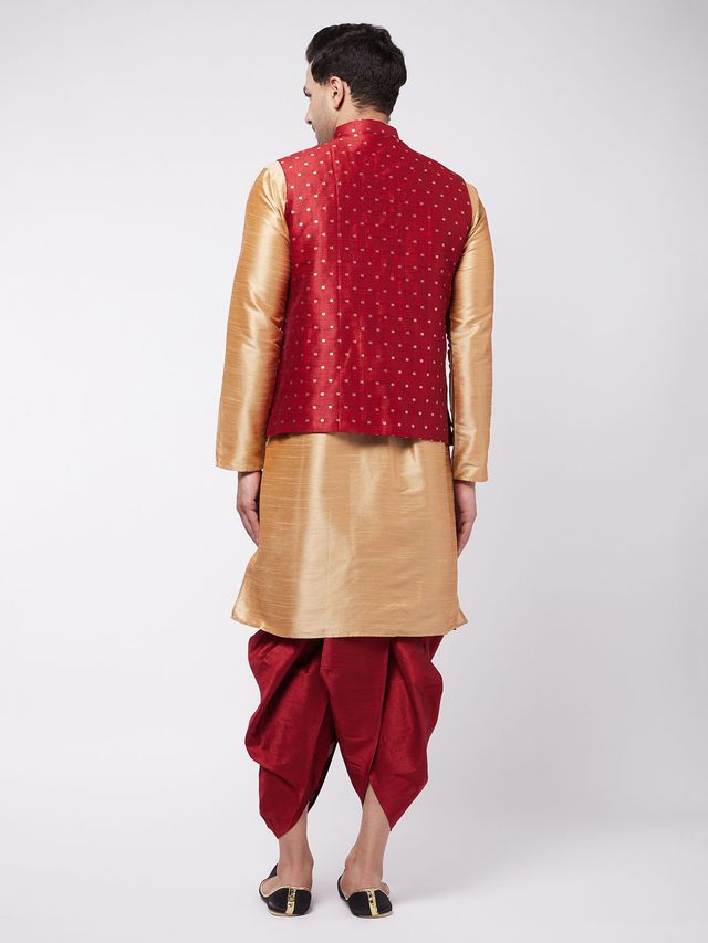 Men's Rose Gold Silk Blend Straight Jacket  Kurta and Dhoti Set
