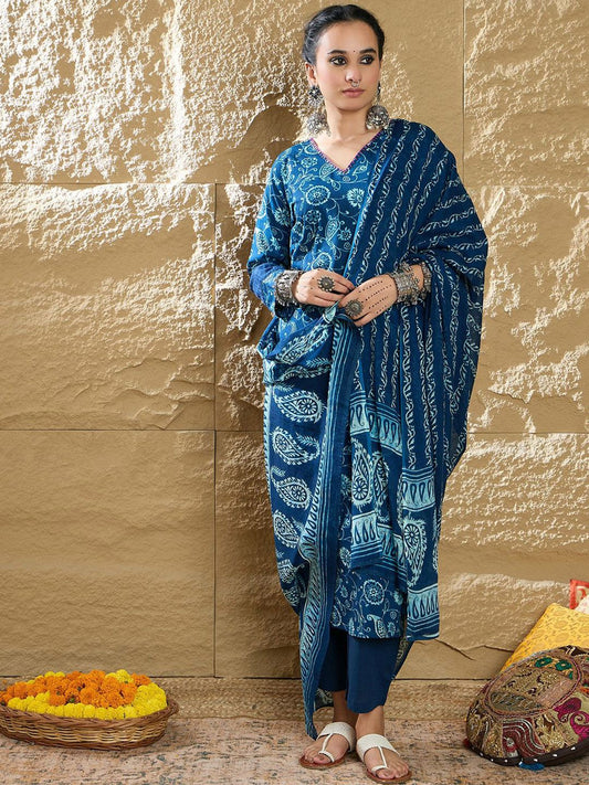 Dhiyona IE Women Paisley Printed Pure Cotton Kurta with Trousers & Dupatta
