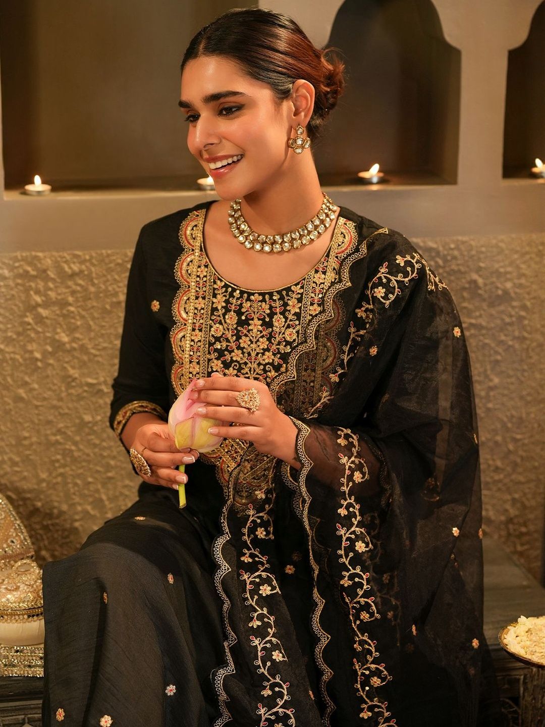 Women Ethnic Motifs Embroidered Kurta With Trousers & Dupatta Kurta Sets