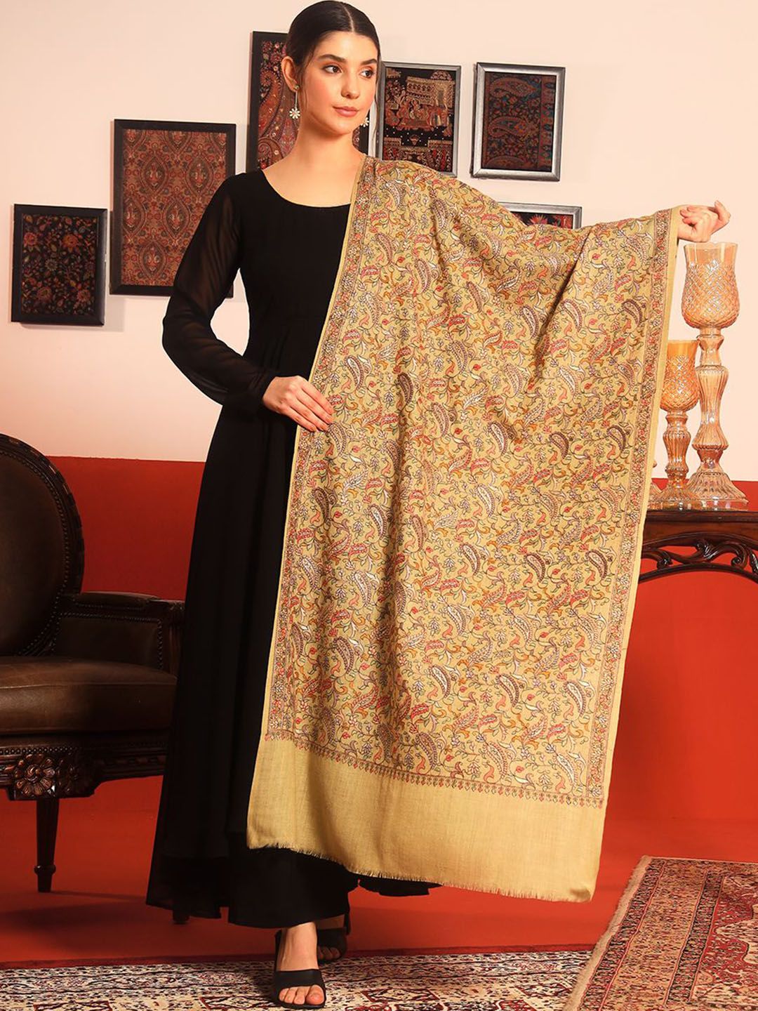 Dhiyona PA Paisley Embroidered Rangrez Pure Wool Shawl
