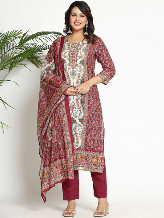 Dhiyona VA Women's Paisley Printed Regular Beads and Stones Pure Cotton Kurta with Trousers & With Dupatta