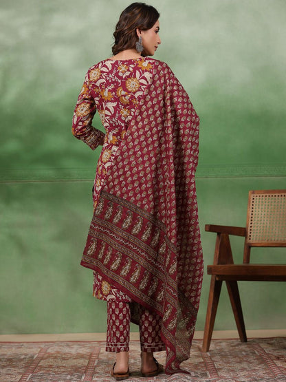 Dhiyona SN Women's Maroon Floral Printed Round Neck Pure Cotton Kurta With Trousers & Dupatta