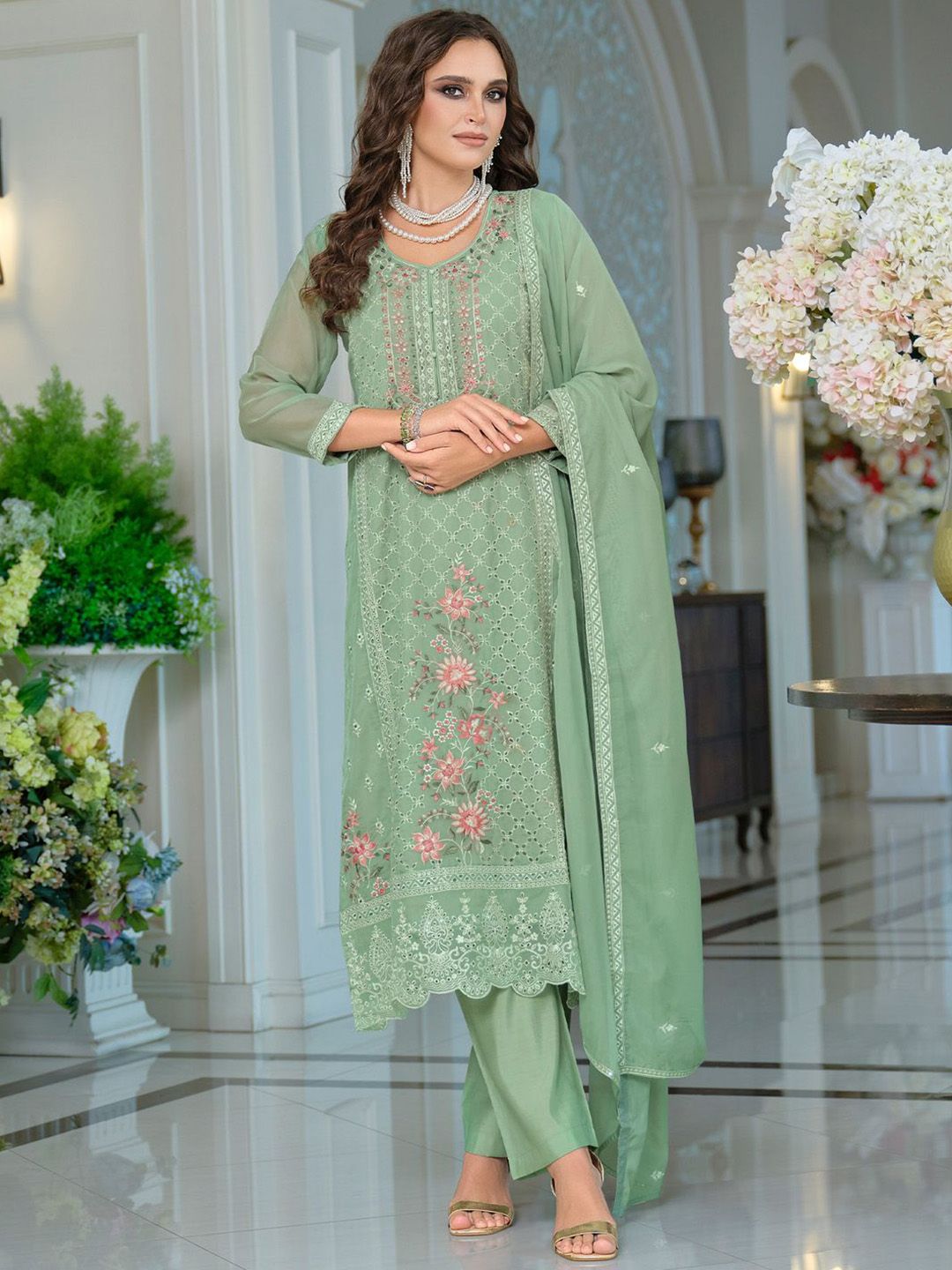 Adults-Women Woven Design Embroidered Kurta with Trousers & Dupatta