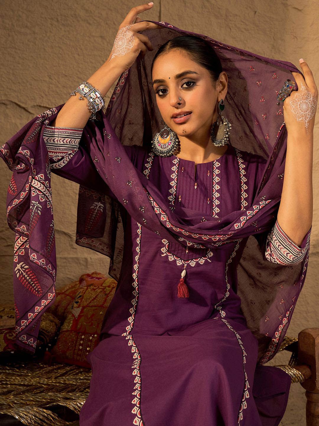 Thread Work Pure Cotton Straight Kurta With Trousers & Dupatta