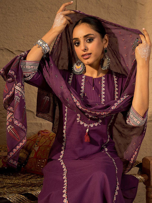 Thread Work Pure Cotton Straight Kurta With Trousers & Dupatta