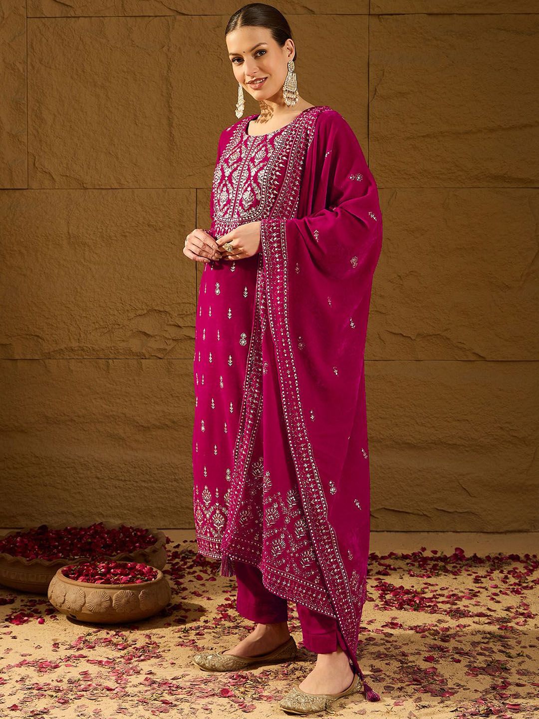 Dhiyona PD Women Embroidered Velvet Straight Kurta With Trousers And Dupatta