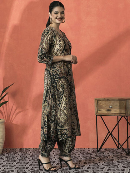 Dhiyona SN Women's Paisley Printed V-Neck Beaded Pure Cotton Straight Kurta With Salwar And Dupatta