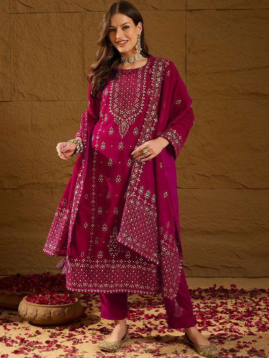 Dhiyona PD Women Floral Embroidered Velvet Straight Kurta With Trousers And Dupatta