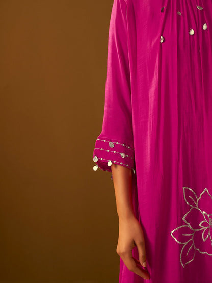 Floral Printed A-Line Mirror Work Kurta With Trouser