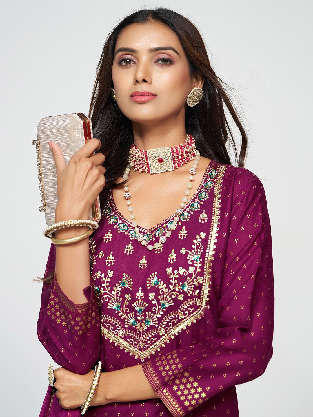 Dhiyona SN Women's Embroidered Round Neck Straight Kurta & Sharara With Dupatta