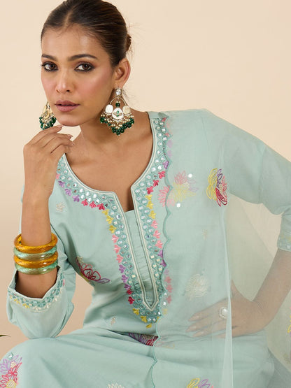 Women Floral Embroidered Regular Mirror Work Kurta with Trousers & With Dupatta