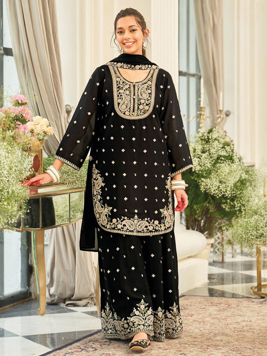 Paisley Embroidered Sequinned Straight Kurta With Palazzos & Dupatta
