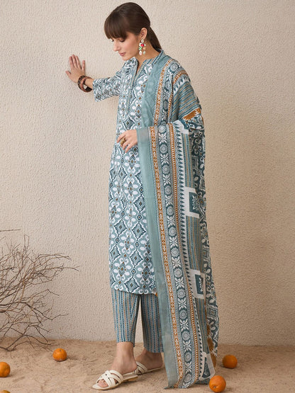 Dhiyona IE Abstract Printed Pure Cotton Straight Kurta With Trousers & Dupatta
