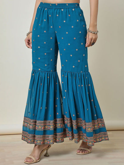 Dhiyona SO Women's Women Ethnic Motifs Embroidered Regular Thread Work Kurta with Sharara & With Dupatta