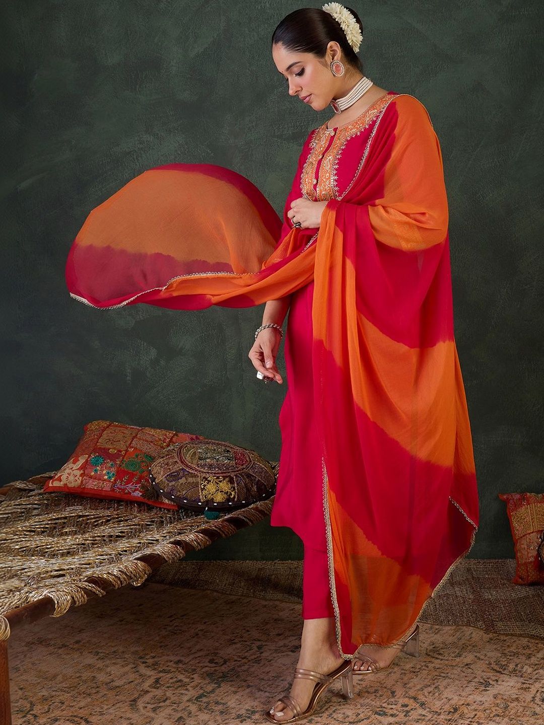 Women Ethnic Motifs Embroidered Regular Kurta with Trousers & With Dupatta