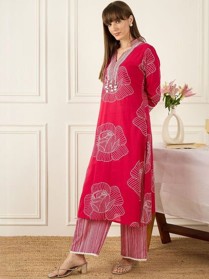 Dhiyona IE Printed V-Neck Three-Quarter Sleeves Pure Cotton Tunic And Trousers