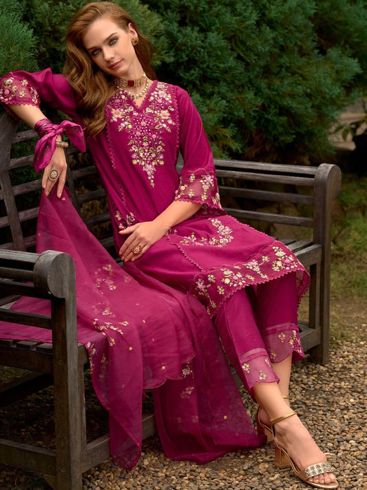 Women Floral Embroidered Regular Thread Work Kurta with Trousers & With Dupatta