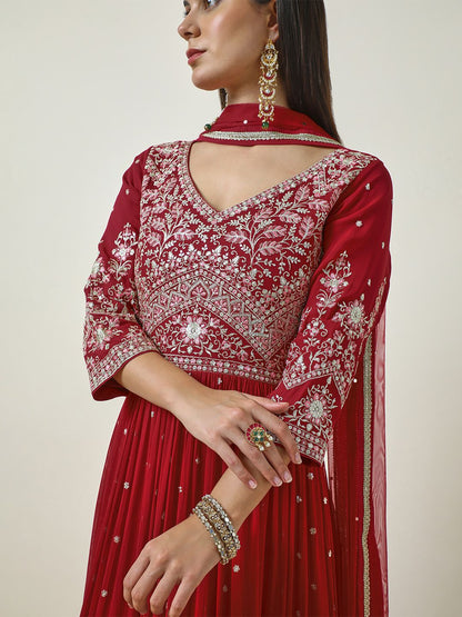 Dhiyona SO Women's Floral Embroidered Pleated Sequinned Anarkali Kurta with Churidar & Dupatta