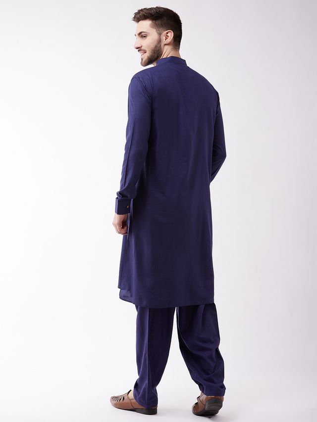 Men's Blue Cotton Blend Pathani Kurta and Patiala Set