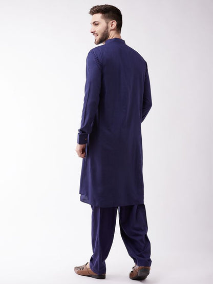 Men's Blue Cotton Blend Pathani Kurta and Patiala Set