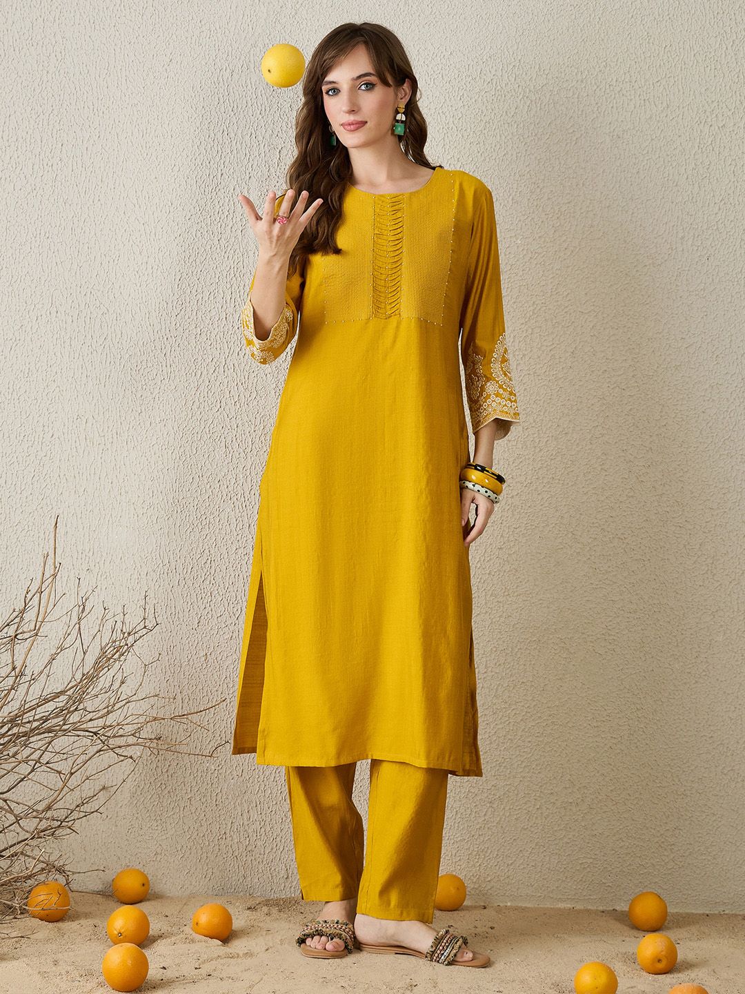 Women Mustard Ethnic Motifs Embroidered Regular Straight Kurta Sets