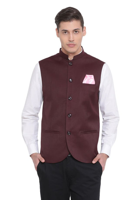 Men's Maroon Cotton Silk Straight Nehru Jacket