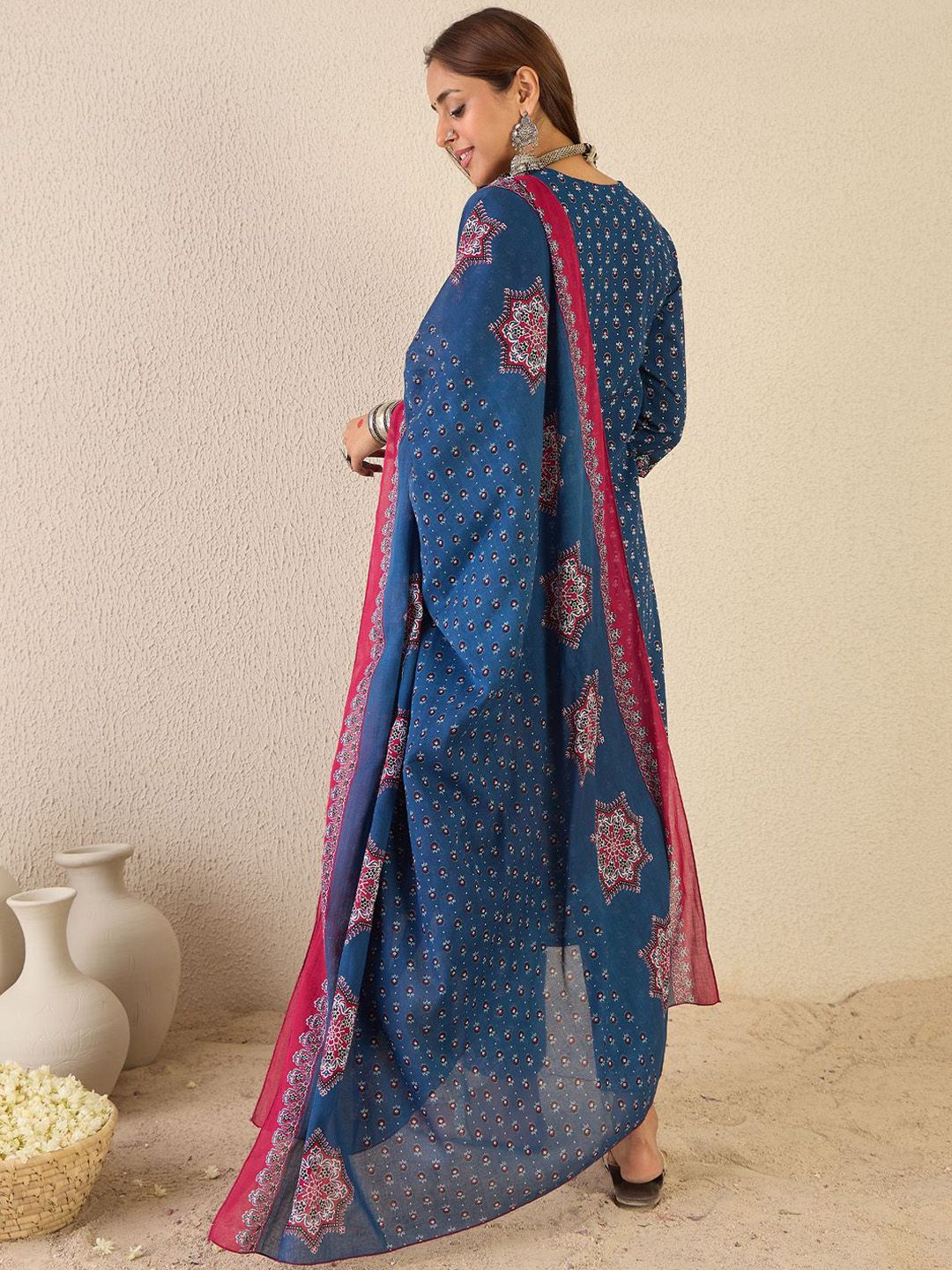 Dhiyona IE Ethnic Motifs Printed Round Neck A line Pure Cotton Kurta with Trousers & Dupatta