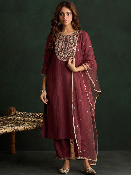 Floral Embroidered Straight Kurta with Trousers & Dupatta