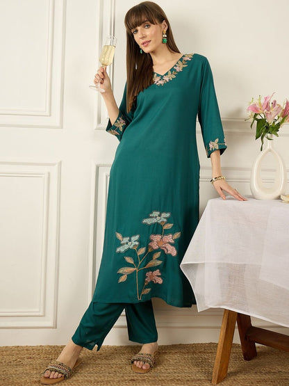 Floral Printed Thread Work Pure Cotton Kurta With Palazzos