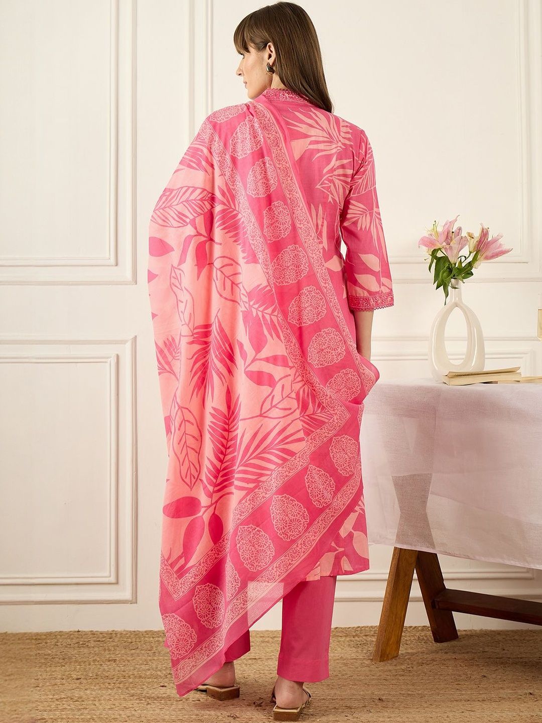 Floral Printed V-Neck Pleated Pure Cotton A-Line Kurta With Trousers & Dupatta