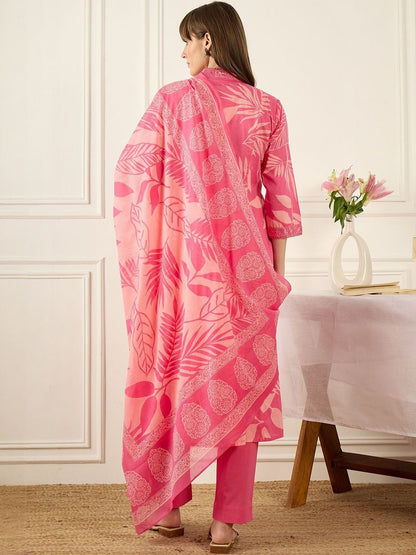 Floral Printed V-Neck Pleated Pure Cotton A-Line Kurta With Trousers & Dupatta