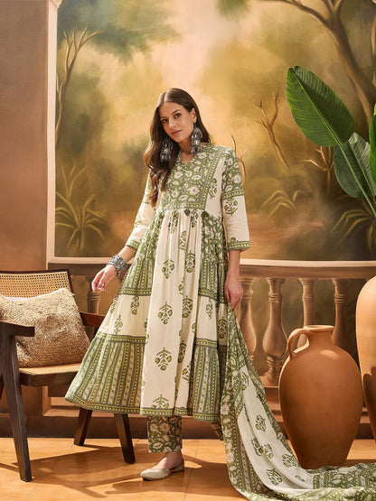 Dhiyona SN Women's Women's Pista Green Block Printed Cotton Anarkali Kurta Pant Dupatta Set