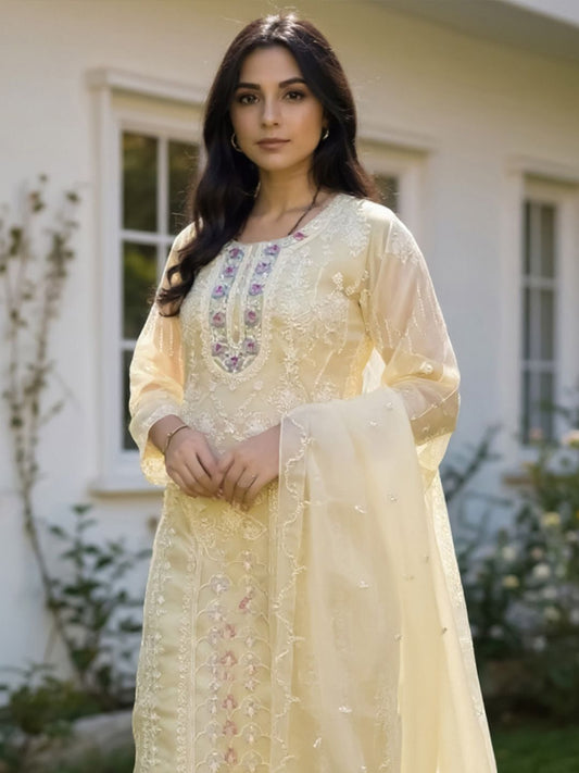 Dhiyona IE Women's Floral Embroidered Thread Work Organza Kurta With Trousers & Dupatta