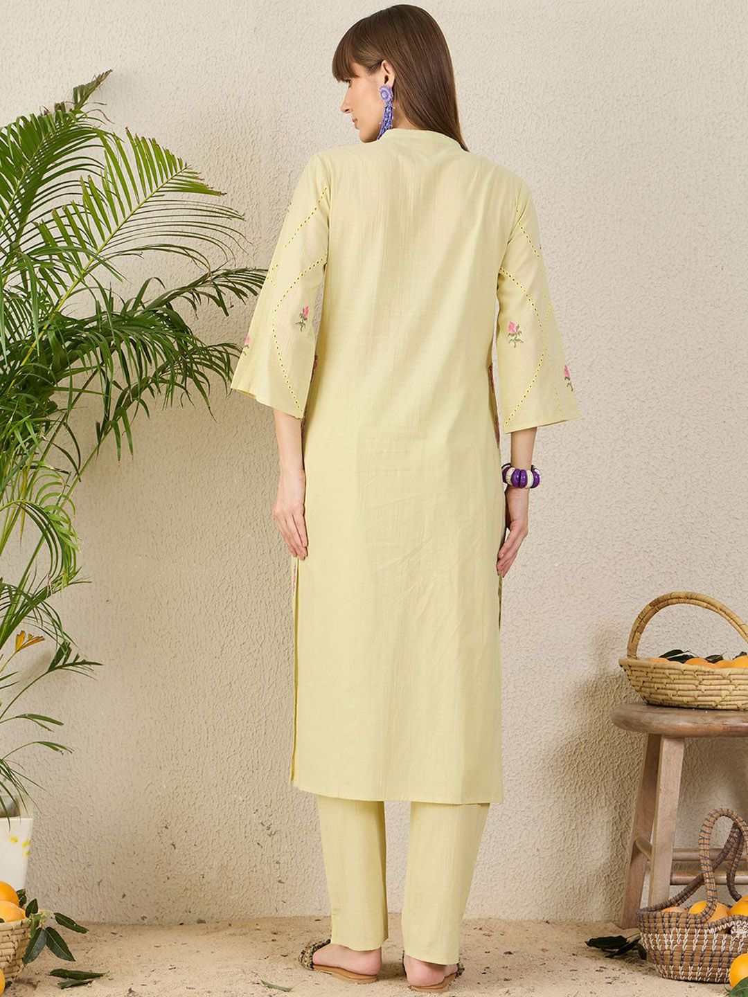 Dhiyona IE Floral Embroidered Pure Cotton Mandarin Collar Tunic With Trousers