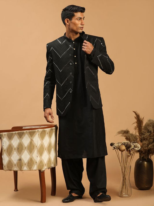 Men's Black Viscose Straight Jacket  Kurta and Pyjama Set