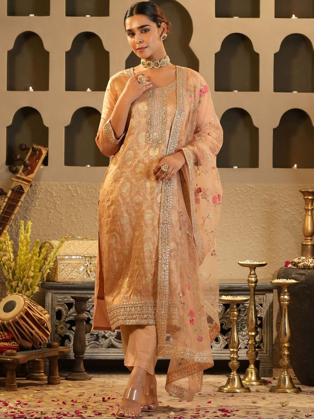 Ethnic Motifs Woven Design Zari Round Neck Straight Kurta & Trousers With Dupatta