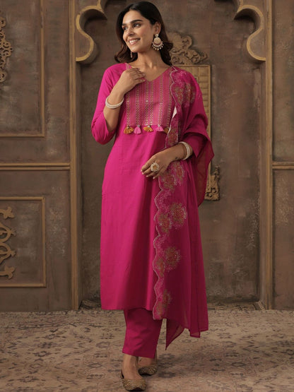 Ethnic Motifs Embroidered Thread Work Pure Cotton Kurta With Trousers & Dupatta