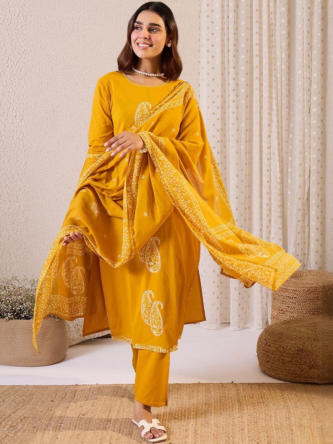 Paisley Printed Thread Work Pure Cotton Straight Kurta & Trousers With Dupatta