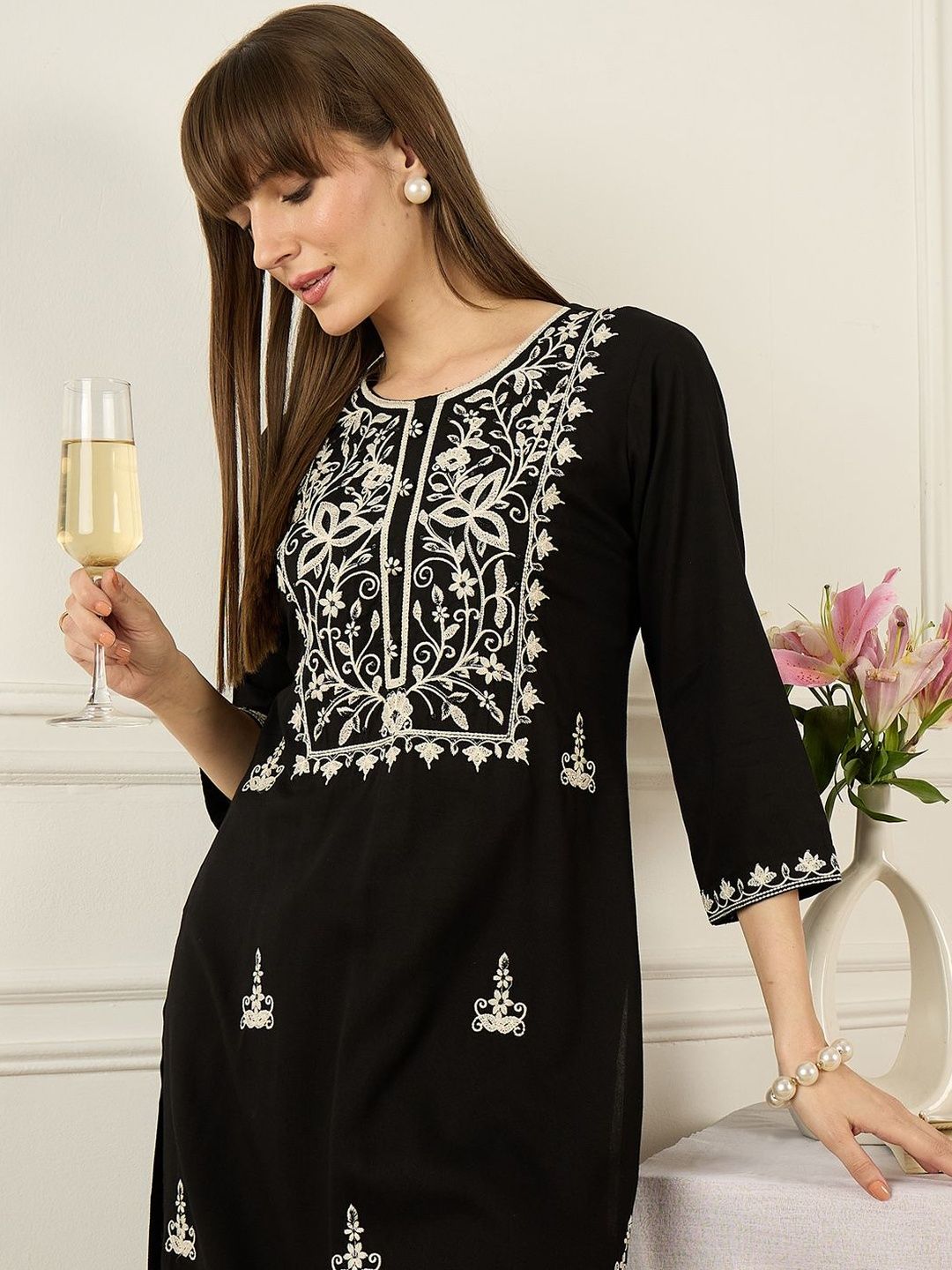 Floral Yoke Design Thread Work Pure Cotton Kurta With Palazzos