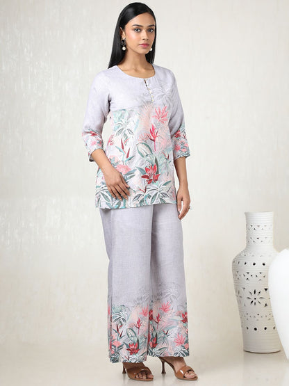 Dhiyona SO Women's Women Floral Printed Regular Linen Kurta with Palazzos