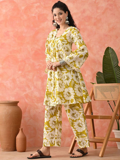 Dhiyona SN Women's Floral Printed Cotton Kurta with Trousers