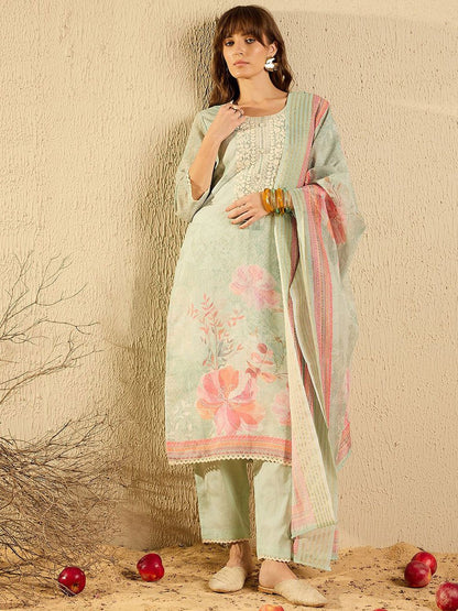 Dhiyona IE Women Ethnic Motifs Printed Regular Chikankari Kurta with Trousers & With Dupatta